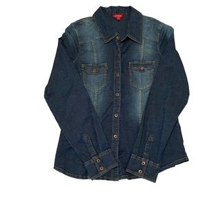 Guess Los Angeles Distressed Denim Long Sleeve Snap Button Down Shirt